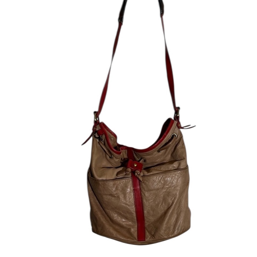 Pilcro & Letterpress  tan leather bucket bag with red trim drawstring super soft